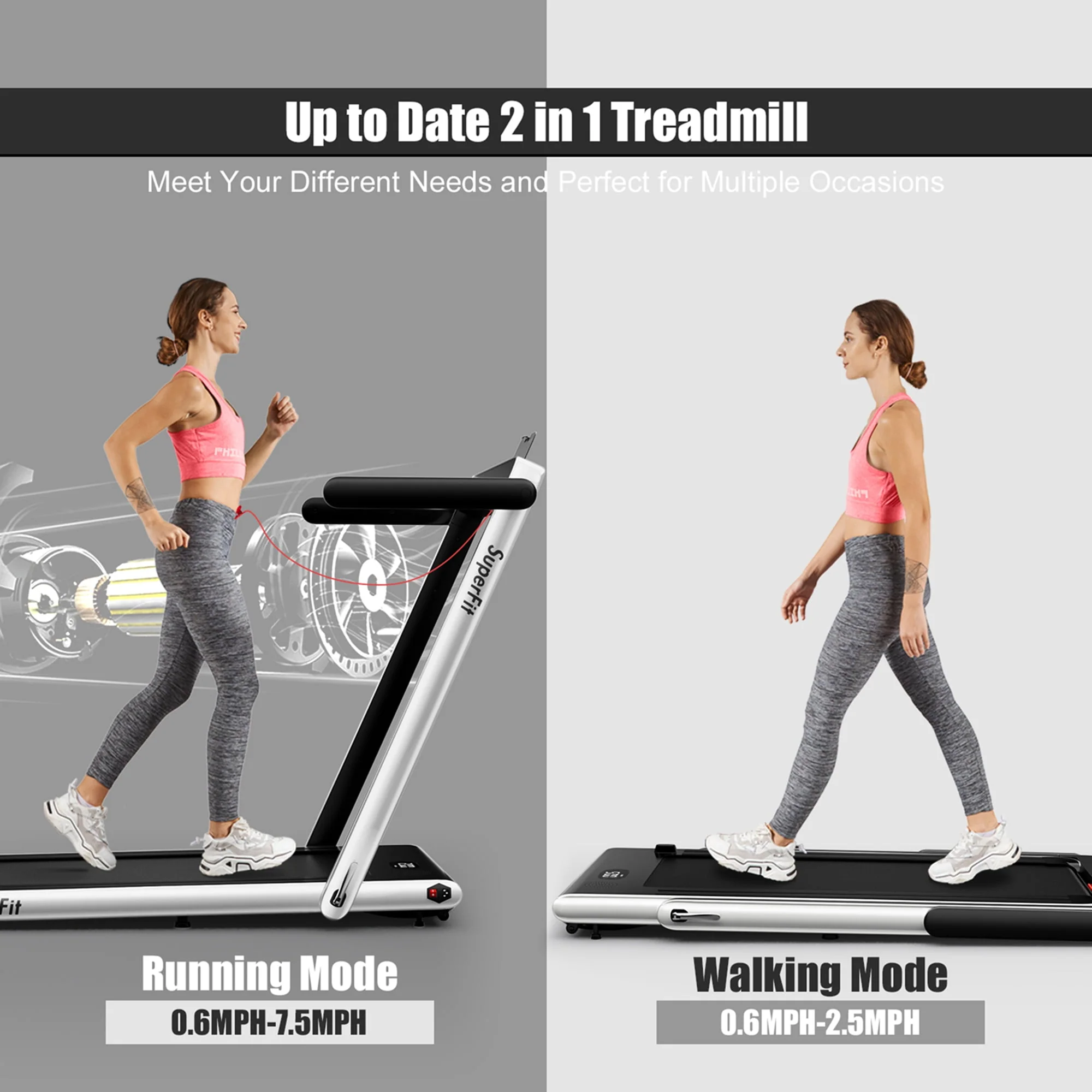 SuperFit Up To 7.5MPH 2.25HP 2 in 1 Single Display Screen Folding Treadmill W/ APP Control Speaker Remote Control Blue