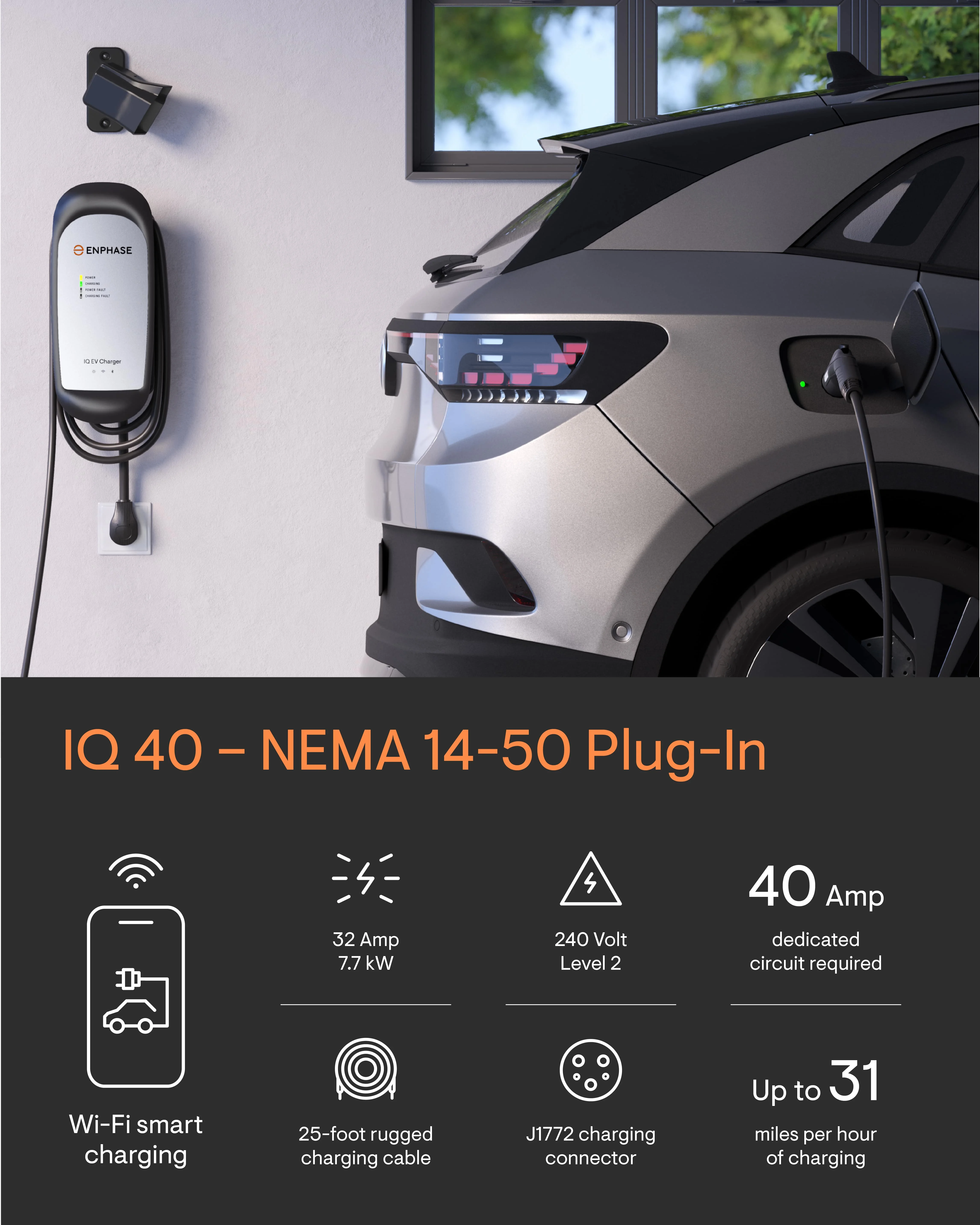 Enphase Smart Level 2 EV Charger with Wi-Fi, Safety Certified, 32 Amp, 240v, NEMA 14-50 Plug, Ruggedized 25ft Cable & J1772 Connector