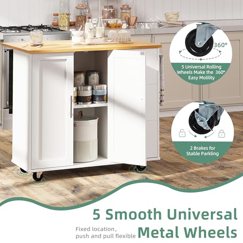Shintenchi Rolling Kitchen Island Cart with Folding Drop Leaf Breakfast Bar, Portable Trolley Island with Large Storage Cabinet, Shelf and Drawer
