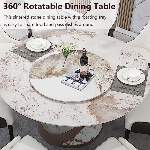 Modern Round Dining Table, 59" Sintered Stone Dining Table with Detachable Lazy Susan for 8 People