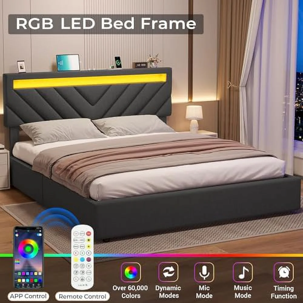 TJCGDTY Queen Bed Frame with Drawers  LED Bed Frame with 2 USB Charging Station  Upholstered Platform Bed with  &amp