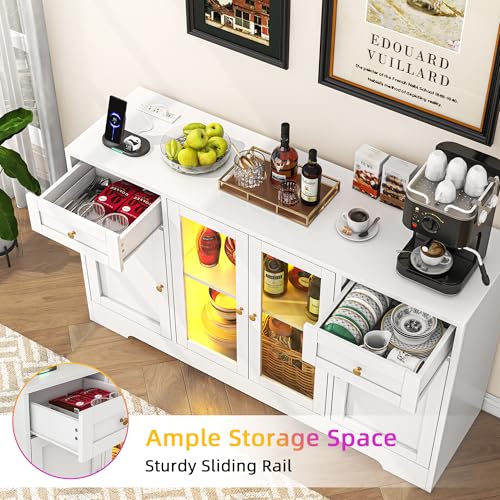 LED Coffee Bar Cabinet with Storage, 55'' Large Sideboard Buffet Cabinet, Wood Coffee Bar Buffet Table with 4 Doors and Charging Station