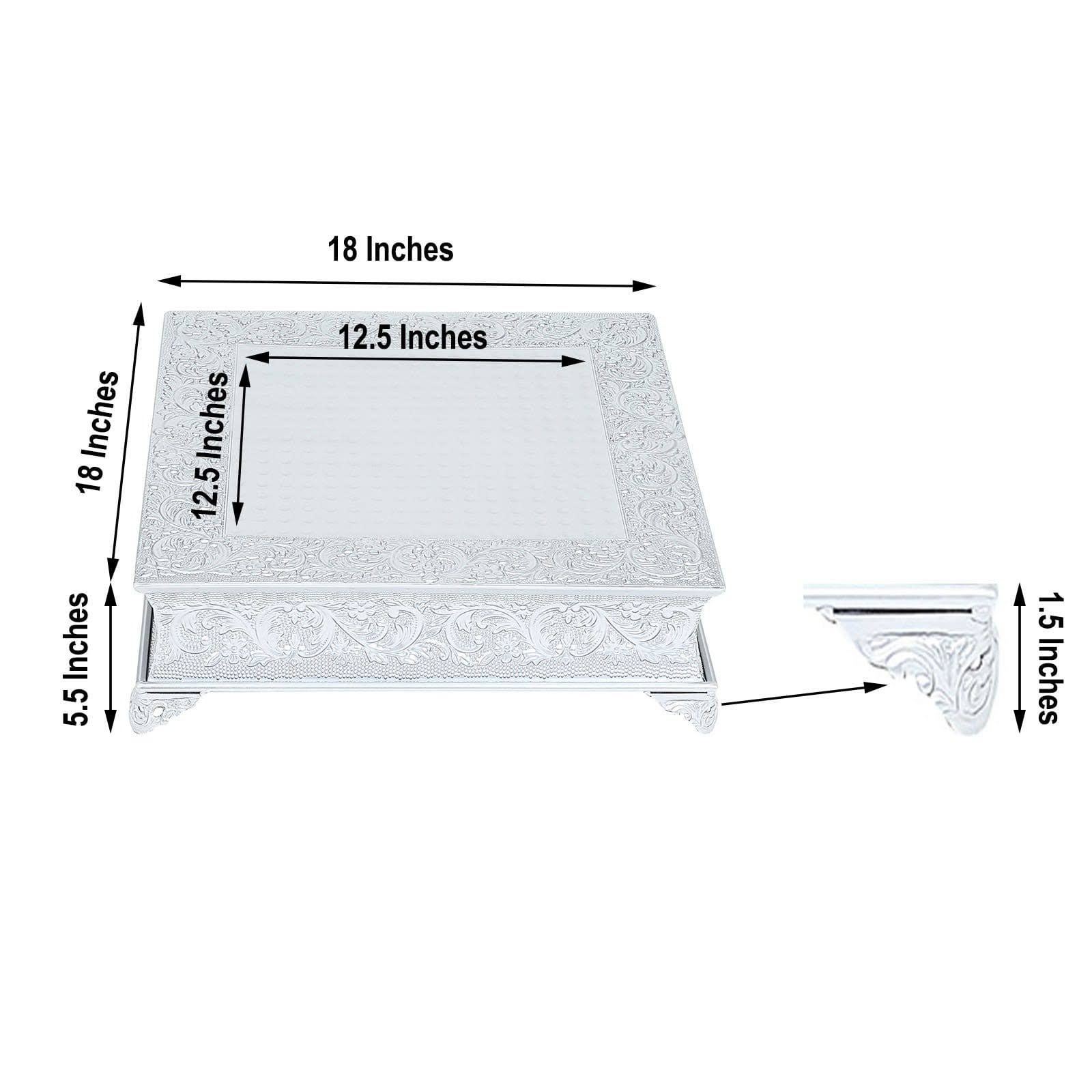 18x18 in Wide Silver Square Embossed Wedding Cake Stand Riser