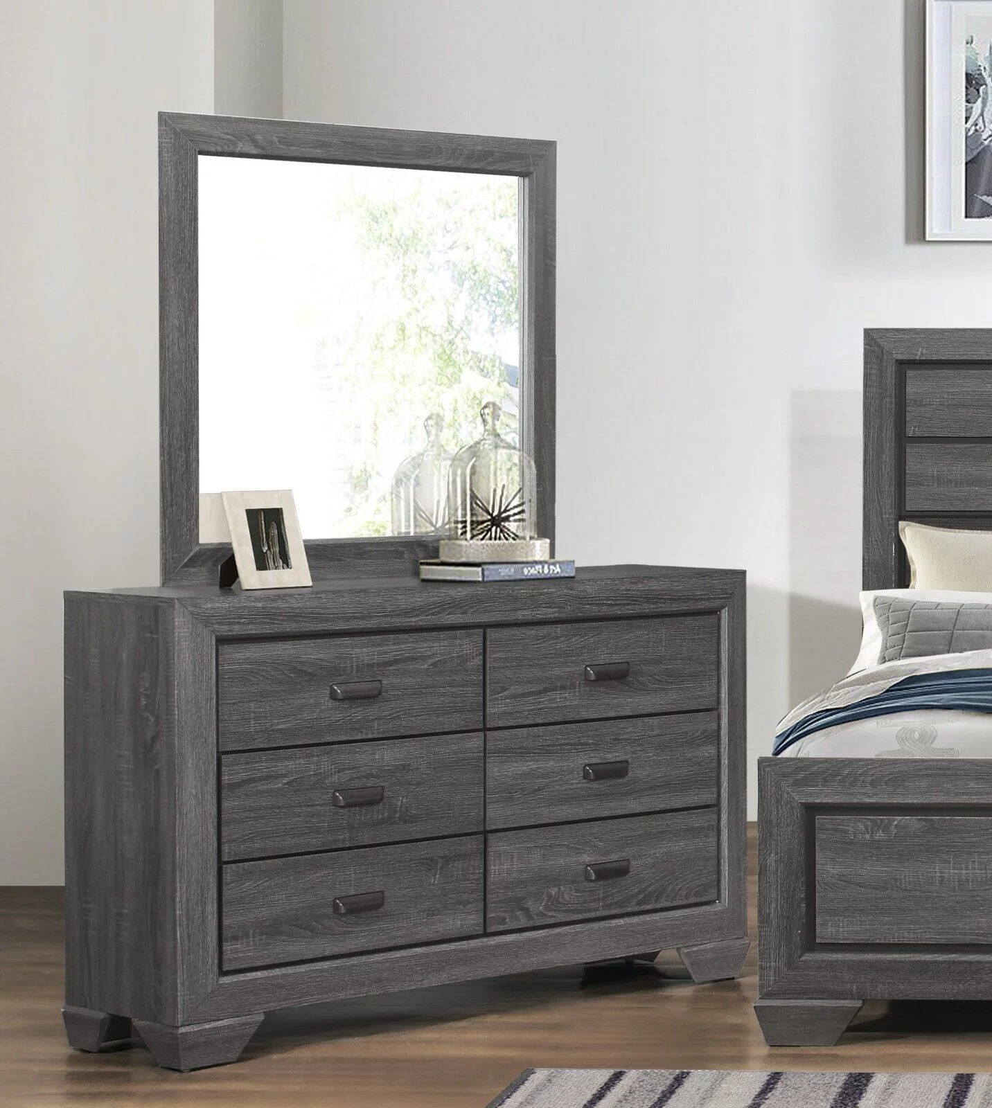 Contemporary 5pc Queen Size Bedroom Set Gray Finish Bed Dresser Mirror Nightstand Wooden Bedroom Furniture