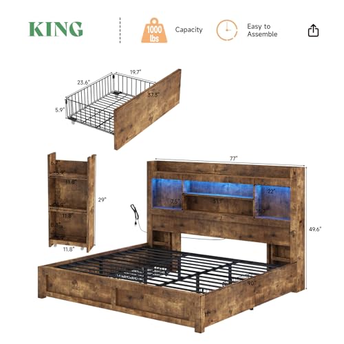 AMERLIFE Queen Bed Frame with 4 Storage Drawers, LED Platform Bed with 49" Bookcase Headboard