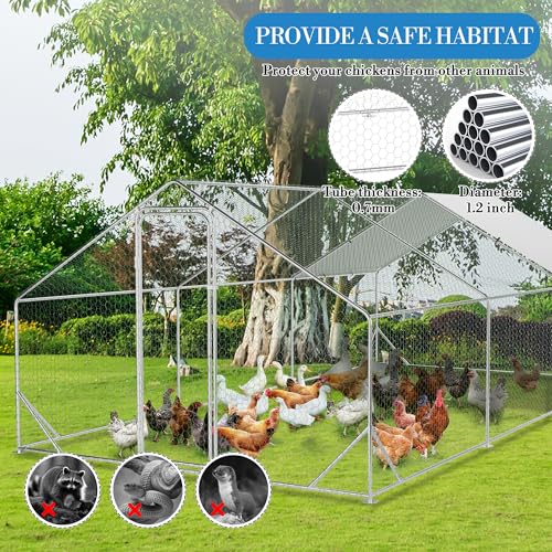 Heavy Duty Walk-in Chicken Coop, Large Metal Poultry Cage with Waterproof UV Cover & Round Top Design