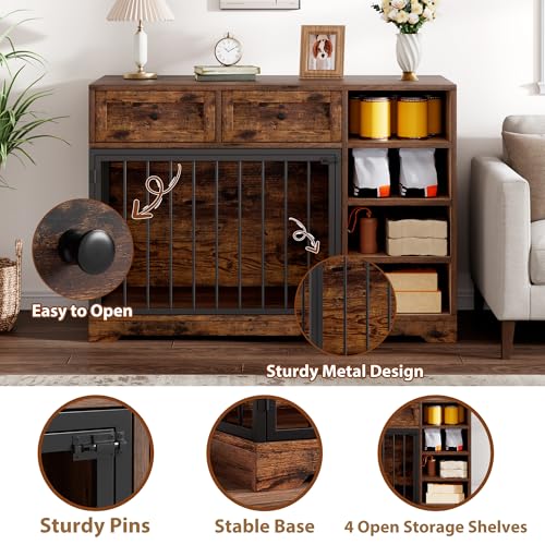 IDEALHOUSE 47” Large Dog Crate, Dog Kennel Indoor with 2 Drawers and 4 Shelves, Dog Crate Furniture TV Stand, Wooden Dog Cage for Medium Large Dogs