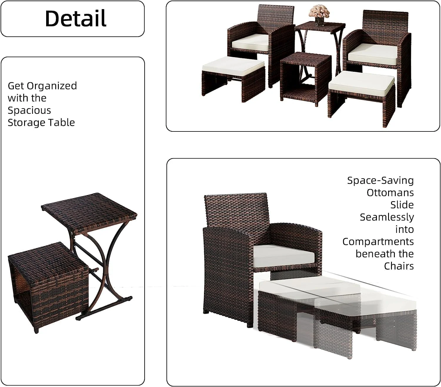 LHBcraft Balcony Furniture 5 Piece Patio Conversation Set, PE Wicker Rattan Outdoor Lounge Chairs with Soft Cushions 2 Ottoman&Glass Table for Porch