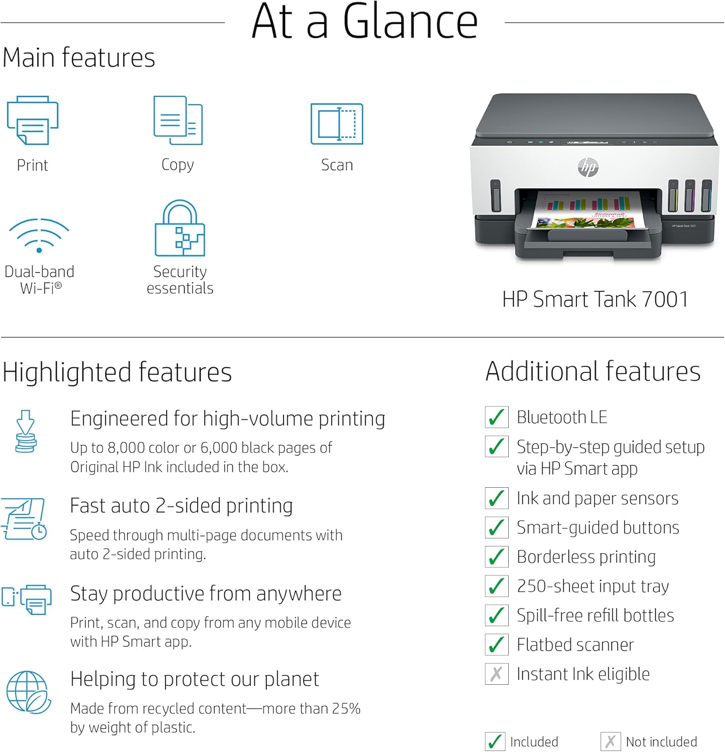HP Smart -Tank 7001 Wireless All-in-One -Cartridge-free Ink -Tank Printer, up to 2 years of ink included, mobile print, scan, copy (28B49A)