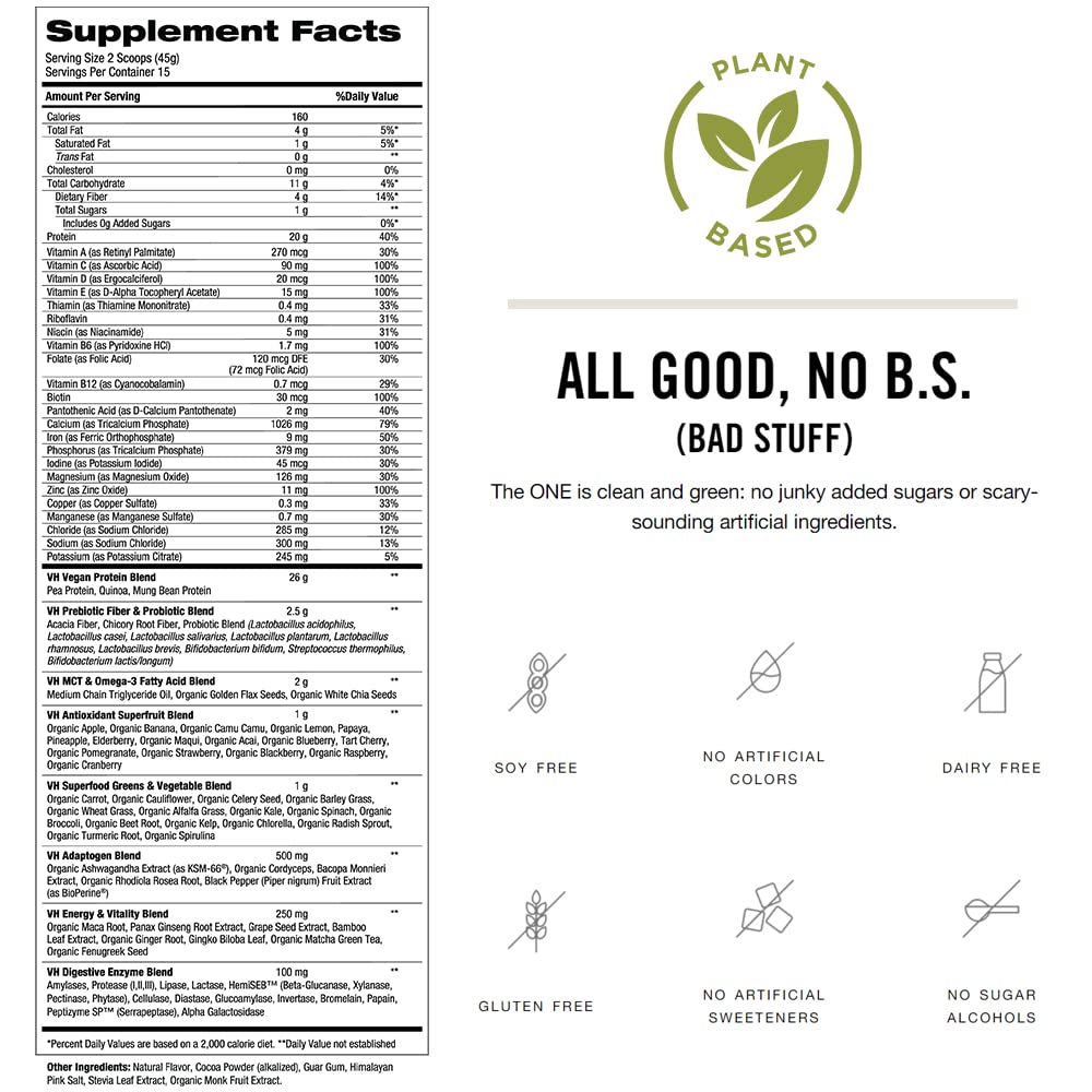 VitaHustle ONE Superfood Vegan Protein Powder Shakes - 20G Plant Based Protein, Super Greens, 1G Sugar, Probiotics, Energy, Digestion, Gluten Free
