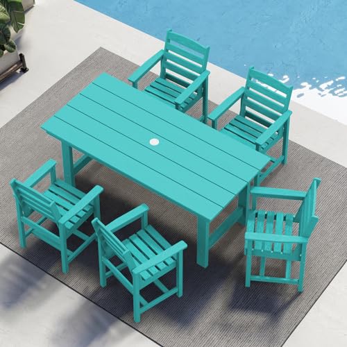 SERWALL Outdoor HDPE Dining Table Set, 7-Piece Outdoor Dining Table Sets with Umbrella Hole Cut-Out Table and 6 Chairs, Gray