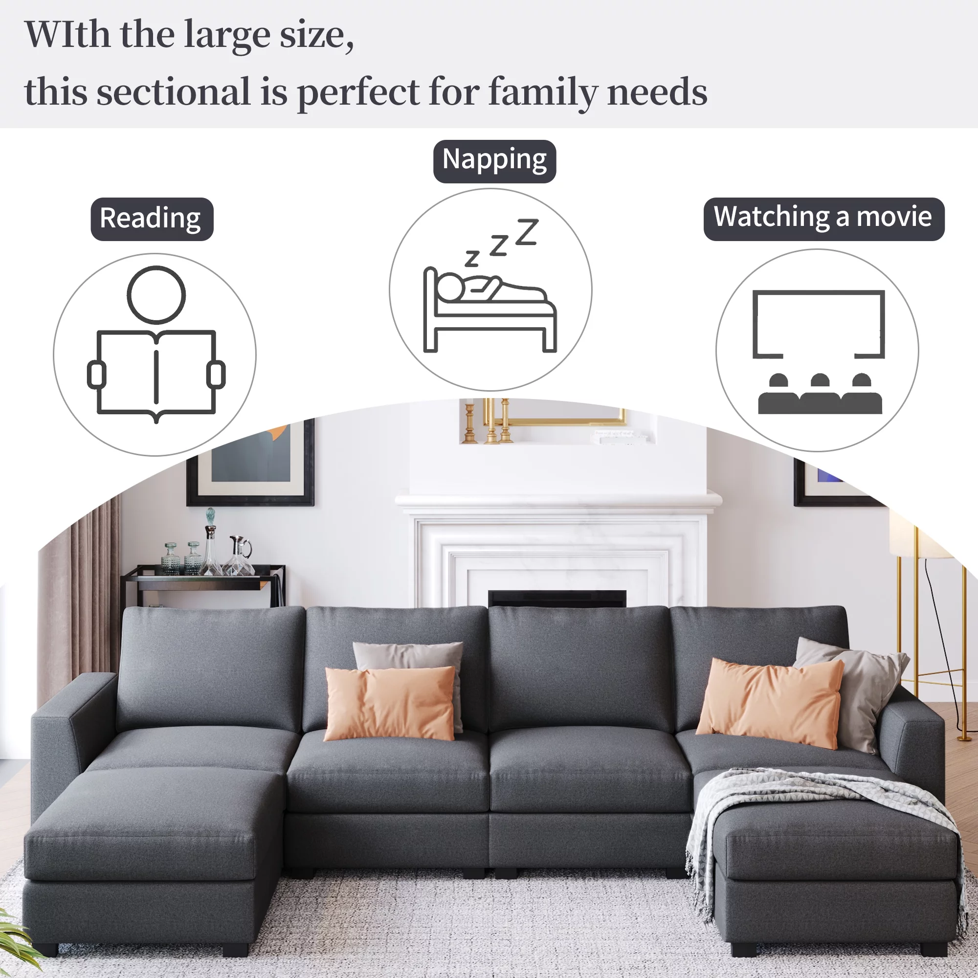 Euroco U Shaped Sofa with Removable Ottomans Sectional Sofa 6 Seater for Living Room, Gray