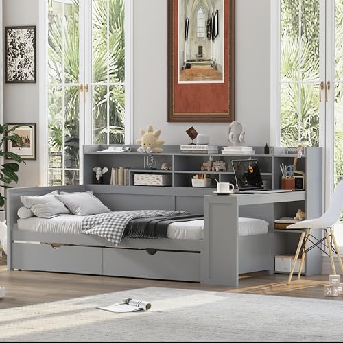 Corner Twin Bed Frame with Bookcase Storage and Desk, Wood Day Beds with 2 Drawers, Twin Size Daybed with Storage for Living Room