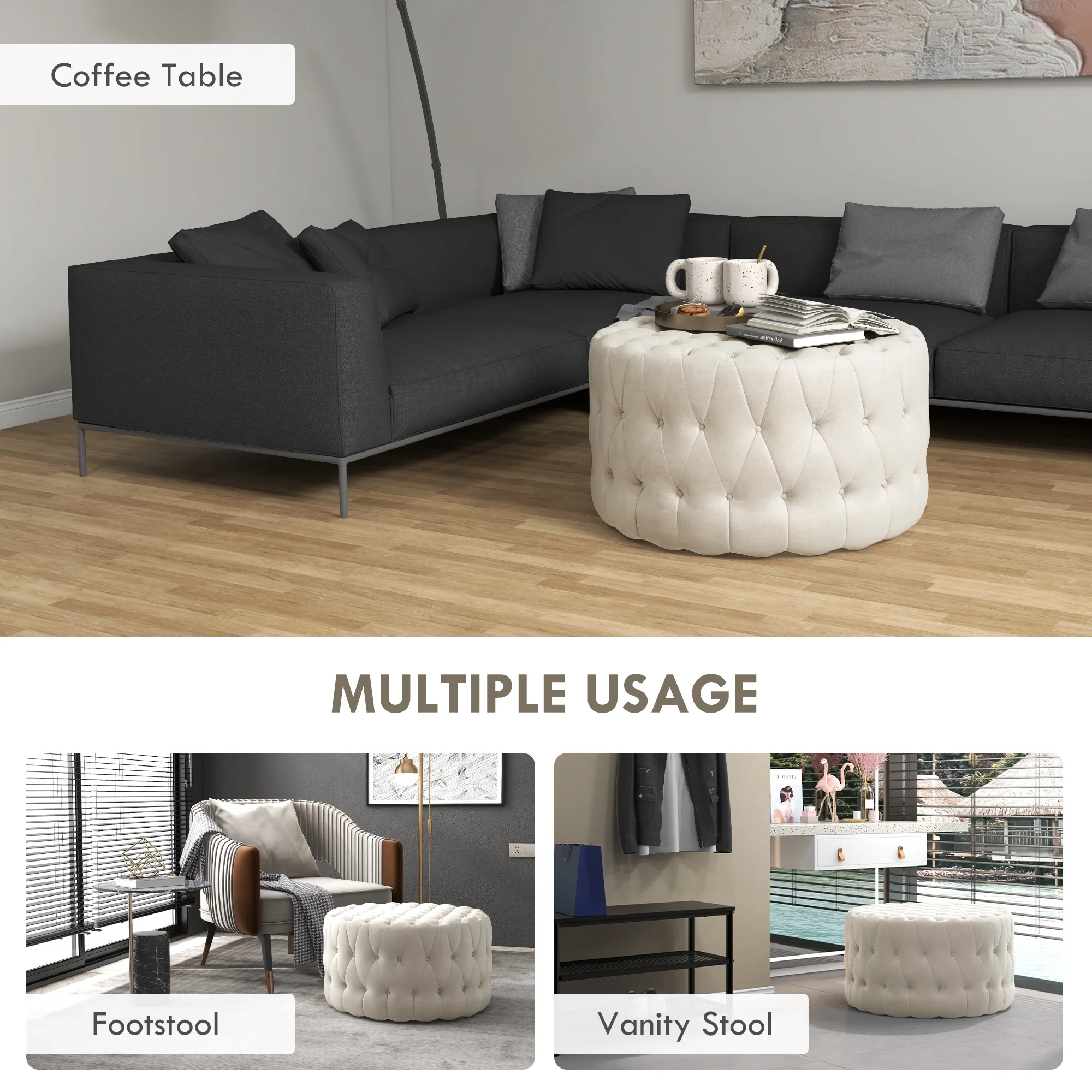 HOMCOM Button Tufted Ottoman Foot Stool with Velvet-feel Upholstery, Beige