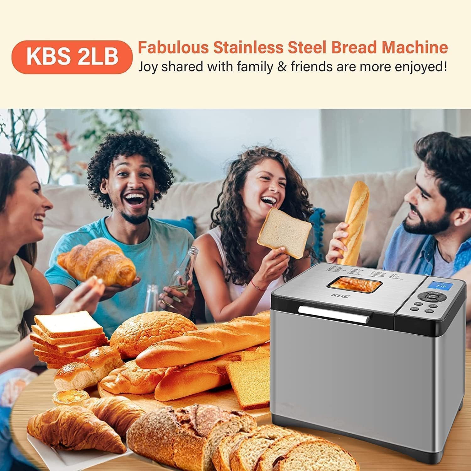 KBS 2LB Bread Maker, 19-in-1 Automatic Bread Machine Stainless Steel with Ceramic Pan,15H Timer&1H Keep Warm, Sourdough, Gluten-Free