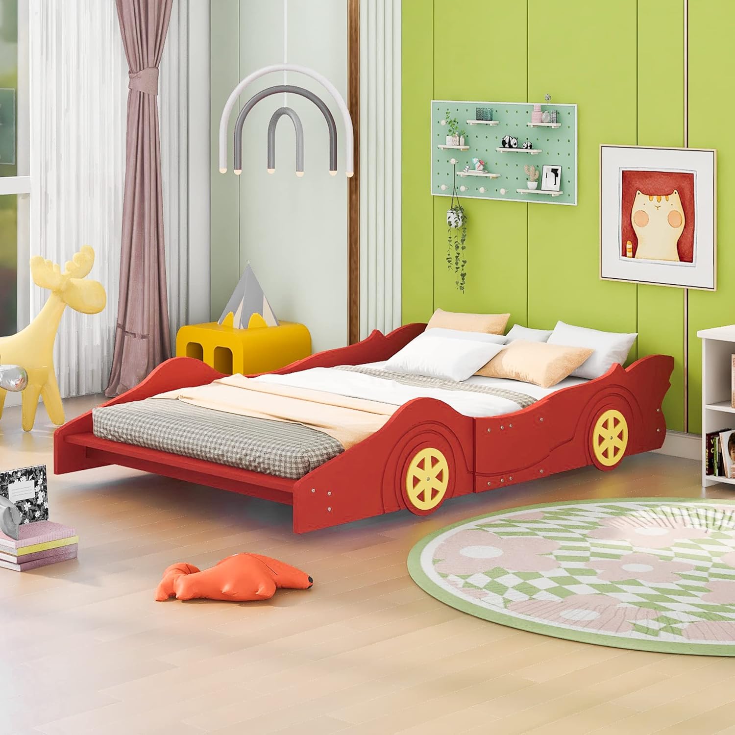 Full Size Race Car-Shaped Platform Bed with Wheels, Kids Car Bed, Wooden Car Shaped Platform Bed Frame for Kids Boys Girls Bedroom