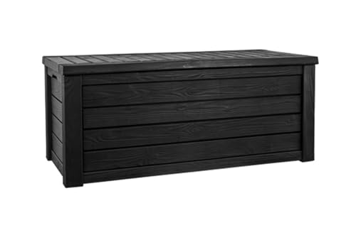 Keter Outdoor Storage Deck Box, 150 Gallon Resin Patio Bin & Bench, Wood Grain, Brown