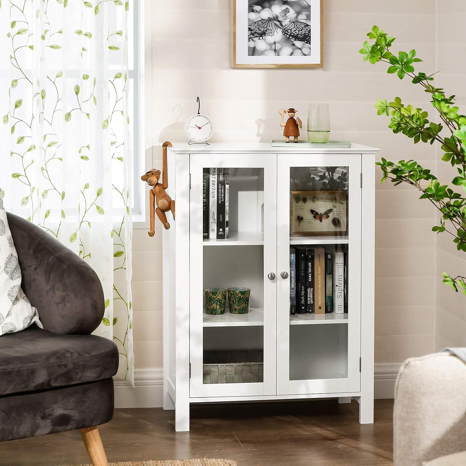 VASAGLE Storage Cabinet, Sideboard, Display Cupboard with 2 Adjustable Shelves, Transparent Glass Doors, Handles, Scandinavian Nordic