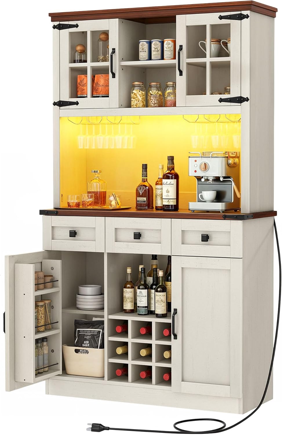 DWVO Coffee Bar Cabinet with Power Outlet/Lights, 72" Farmhouse Pantry Cabinet with Storage Shelves and 3 Drawers