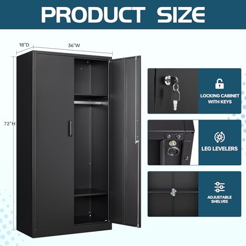 MIIIKO Steel Cabinet Wardrobe, Metal Locker Cabinet with Hanging Rod, Metal Clothing Locker Storage for Home, Office, Garage and Changing Room