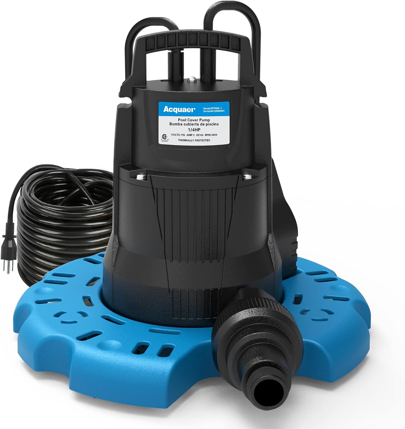 Acquaer 1/4 HP Automatic Swimming Pool Cover Pump, 115 V Submersible Pump with 3/4” Check Valve Adapter & 25ft Power Cord