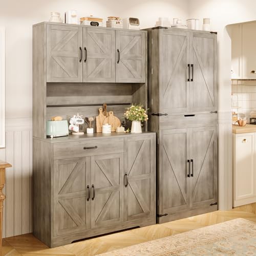 72" Tall Storage Cabinet, Kitchen Pantry Cabinet with Adjustable Shelves & Sturdy Steel Frame, Farmhouse Pantry Storage with 4 Barn Doors for Kitchen