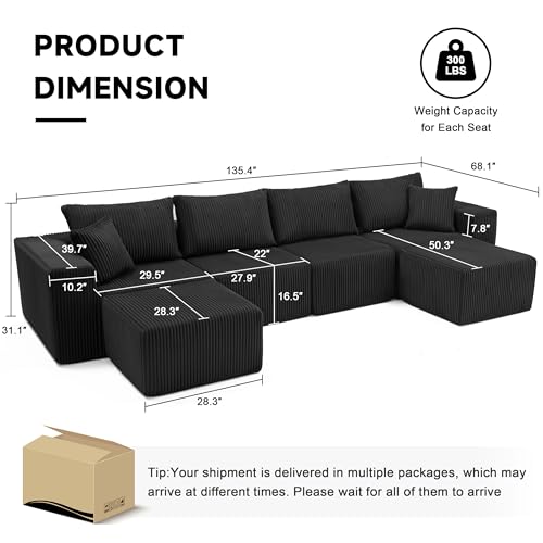 107.4" Cloud Couch Sectional, Modular Sofa with Deep Seat, Plush Corduroy L Shaped Boneless Couch, Convertible Sectional Couches for Living Room