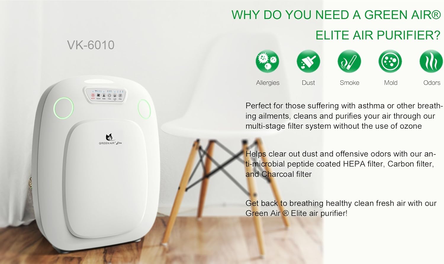 Green Air Elite HEPA and Odor Fighting Filter Air Purifier with IonCluster Technology for Large Rooms, HEPA, Carbon