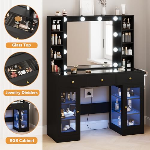 White Vanity Desk with Mirror and Lights, Glass Top Vanity with Lighted Mirror & RGB Glass Cabinet and 3 Drawers