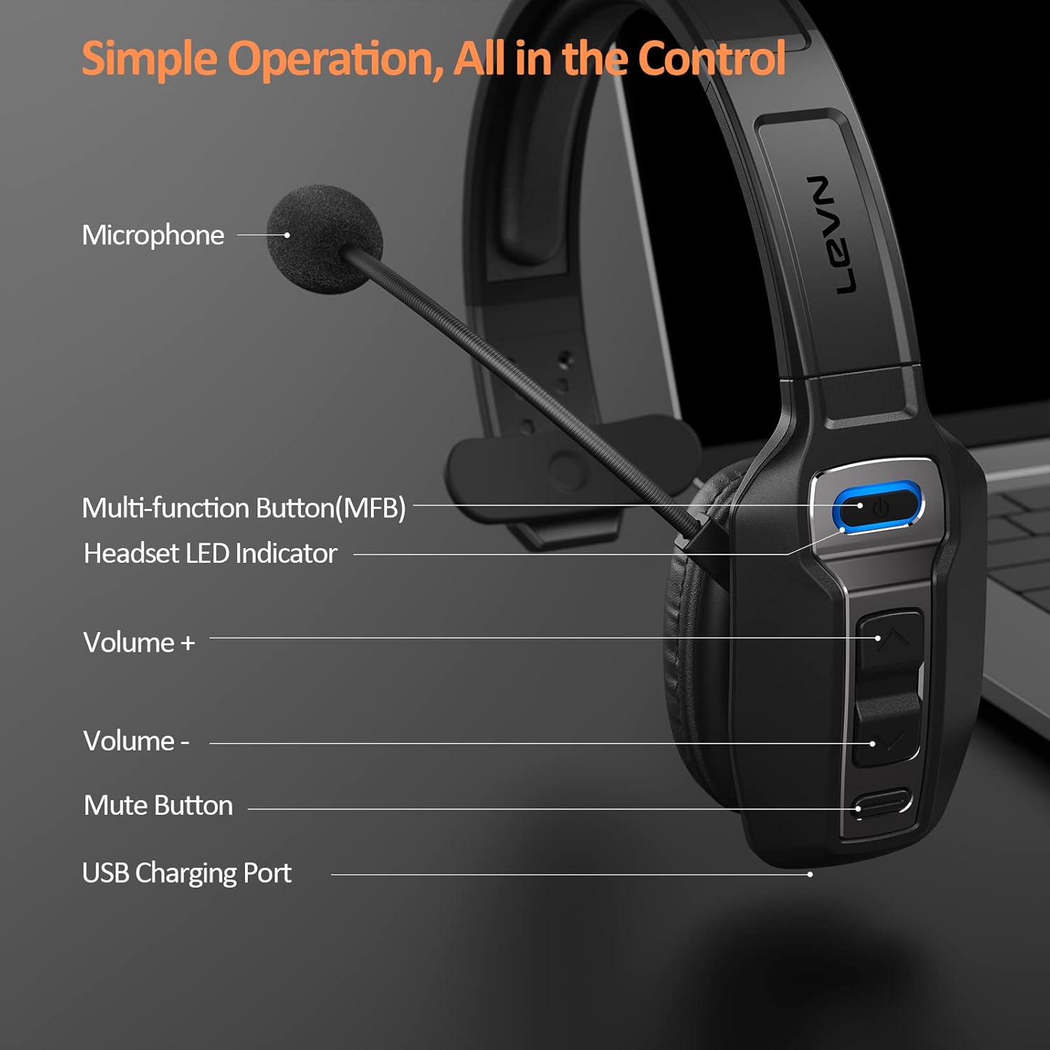LEVN Bluetooth Headset with Microphone, Trucker Bluetooth Headset with AI Noise Cancelling & Mute Button