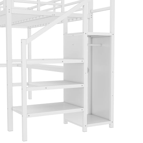Bellemave Full Size Metal Loft Bed with L Shaped Desk and Wardrobe, Heavy Duty Loft Bed Frame with Storage Stairs