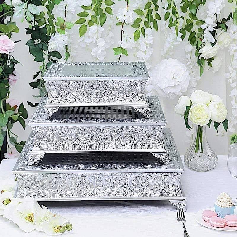 18x18 in Wide Silver Square Embossed Wedding Cake Stand Riser