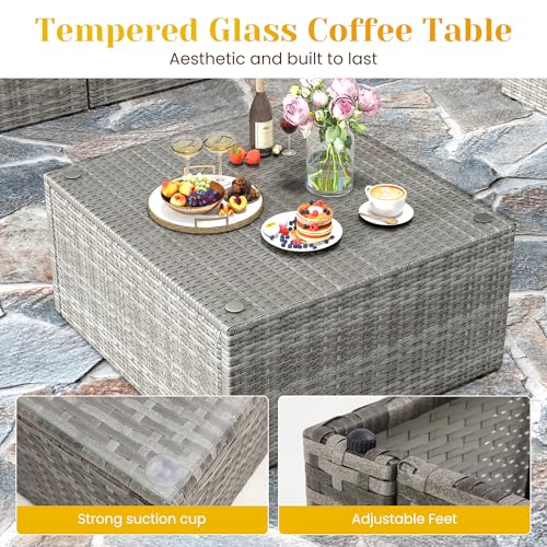 7 Pieces Outdoor Patio Furniture Sets with Glass Tea Table, PE Rattan Wicker Patio Conversation Set with Washable Cushions