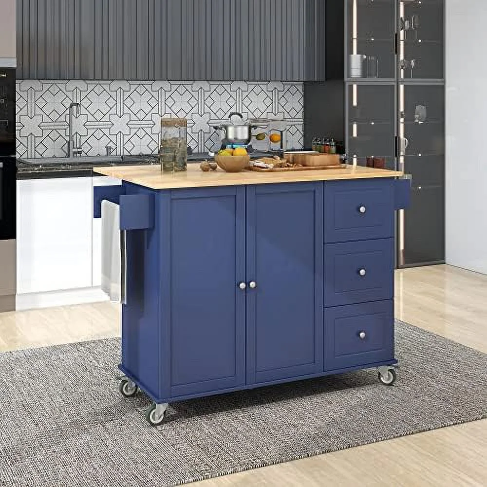 JYHOME Rolling Kitchen Island Cart with Folding Drop Leaf and  Cabinets  Kitchen Cart on Wheels with Spice Rack  Towel Rack and 3 Drawers  Dark Blue