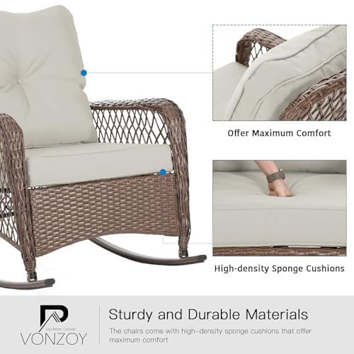 Patio Furniture Set 3 Pieces, Wicker Rocking Bistro Set with Thick Cushions, Outdoor Rocker Chairs and Coffee Table for Porch