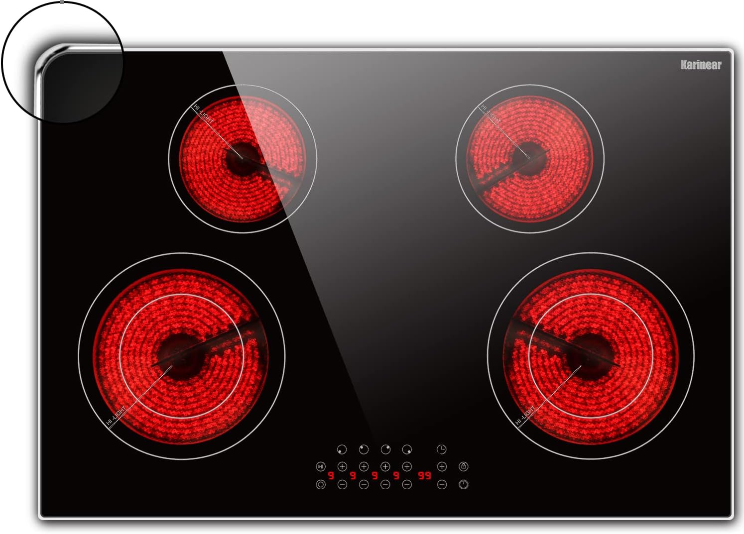 Karinear 2 Burner Electric Cooktop 12 Inch, Drop-in Electric Radiant Cooktop 220v - 240v with Child Safety Lock, Timer, Residual Heat Indicator