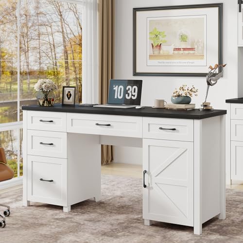 Farmhouse 61'' Executive Desk with 5 Drawers, Rustic Office Desk Computer Desk with Charging Station, File Drawers and Storage Cabinet