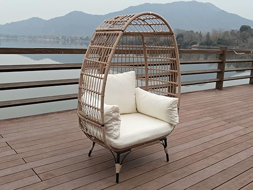 Oversize 360°Swivel Egg Chair Patio Rotating Rattan Egg Basket Lounge Chair, Wicker Egg-Shaped Chair w/Steel Frame Stand and 4 Cushions for Patio