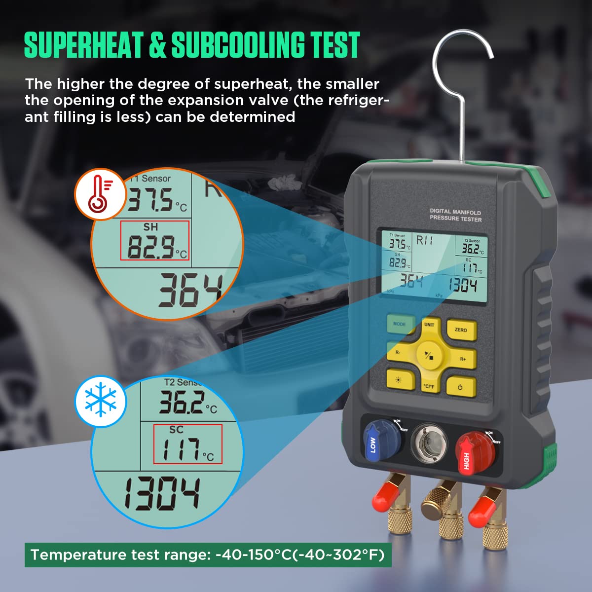 HVAC Gauges 93 Refrigerant Detection Digital Manifold Gauge Set HVAC Pressure&Temp Test HVAC Manifold Upgraded Ball Valve Digital Refrigerant Gauges