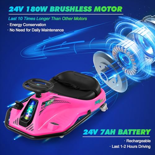 360 Degrees Rotating Ride On Drift Car and 2 Replacement Universal Wheels, 24V Electric Drifting Go Kart for Kids W/Brushless Motor, High/Low Speed
