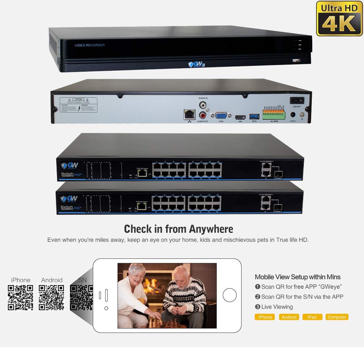 GW Security 32 Channel 8MP UltraHD 4K (3840x2160) Audio & Video Motorized Zoom Smart AI Home NVR Security System