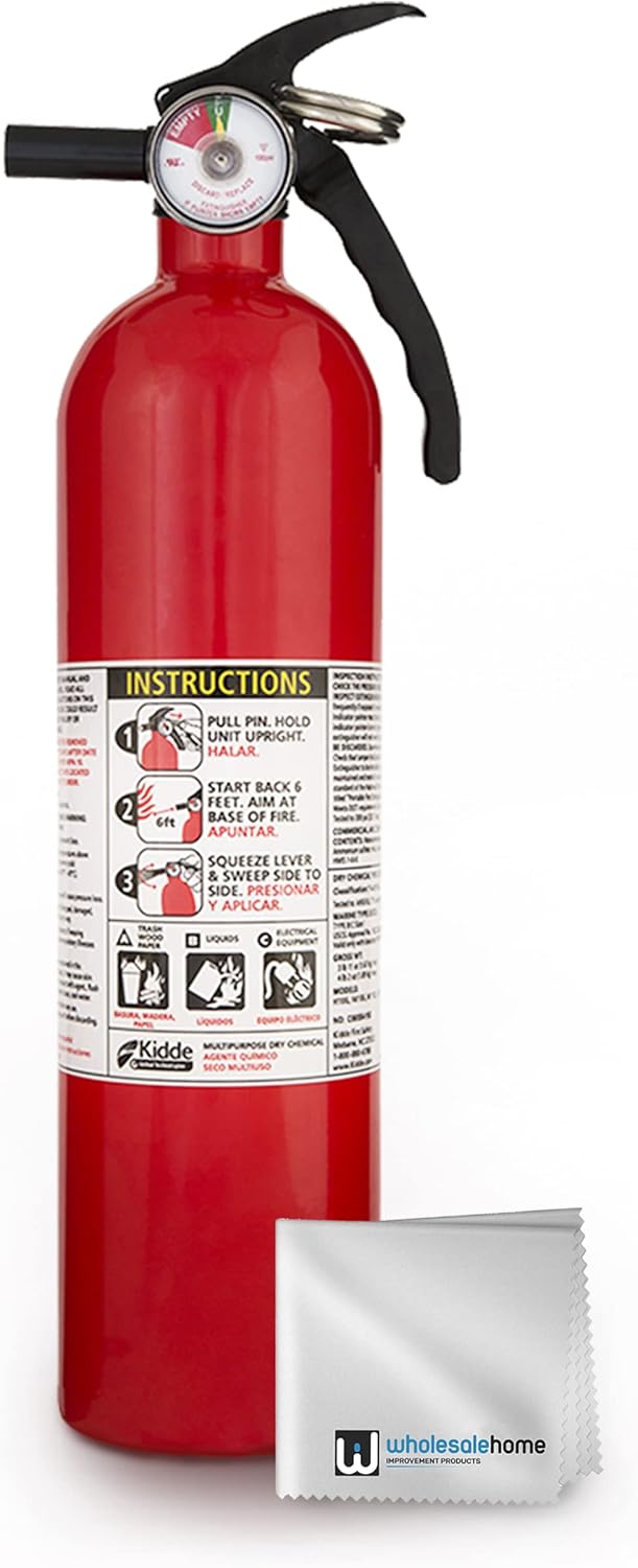 Kidde FA110 Multipurpose Fire Extinguishers 2 Pack - Red, (Rating 1-A:10-B:C) Includes Wholesalehome Cleaning Cloth Pack of 2