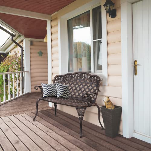 VINGLI 42.5" Outdoor Bench, Antique Cast Aluminum Front Porch Bench Metal Garden Benches Cast Iron Benches 2-3 People Seating (Black)