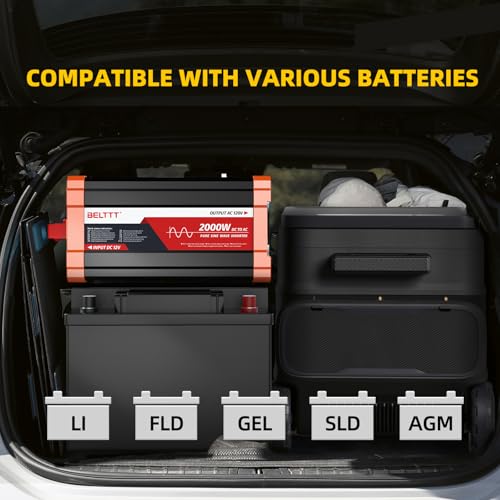 BELTTT 2000W Pure Sine Wave Inverter, Car Power Inverter 12V to 120V AC Converter for RV, Truck, Solar, Outdoor with Dual AC and 20A Socket