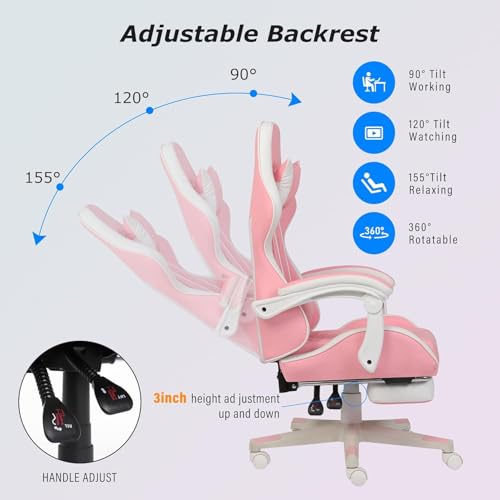 Gaming Chair, Computer Office Chair with Footrest, Linkage Armrests and Lumbar Support, High Back Ergonomic Gamer Chairs for Adults, Blue Fabric