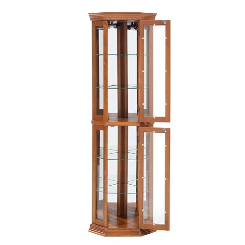 Corner Curio Cabinet Lighted Corner Display, Glass Display Shelf Shelving Bar cabinet with Tempered Glass Door, Bar Cabinet