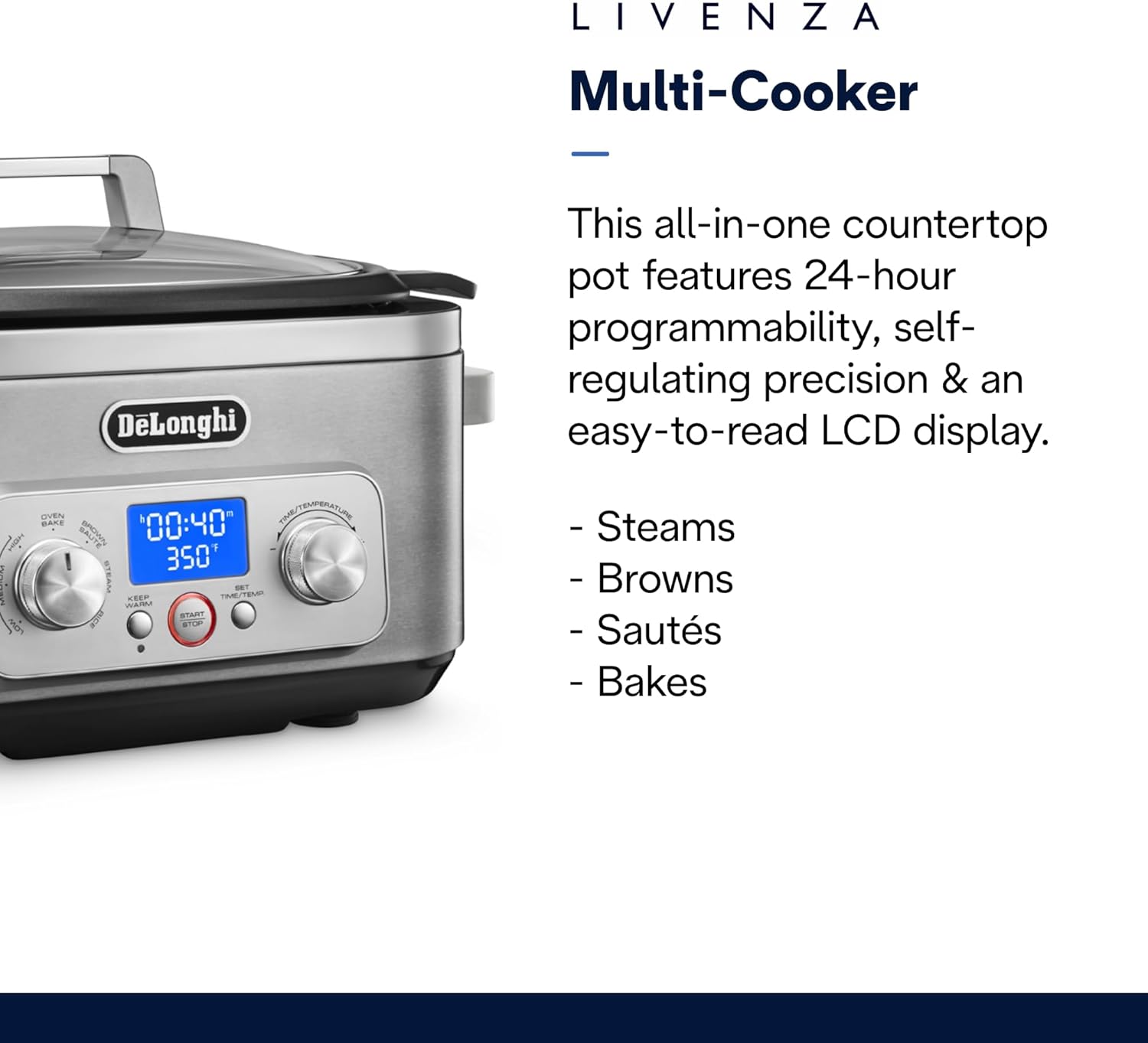 DeLonghi Livenza Multi-Cooker, Stainless Steel - 6 qt - Crock Pot Slow Cooker - 24-Hour Programmability & Seven Modes