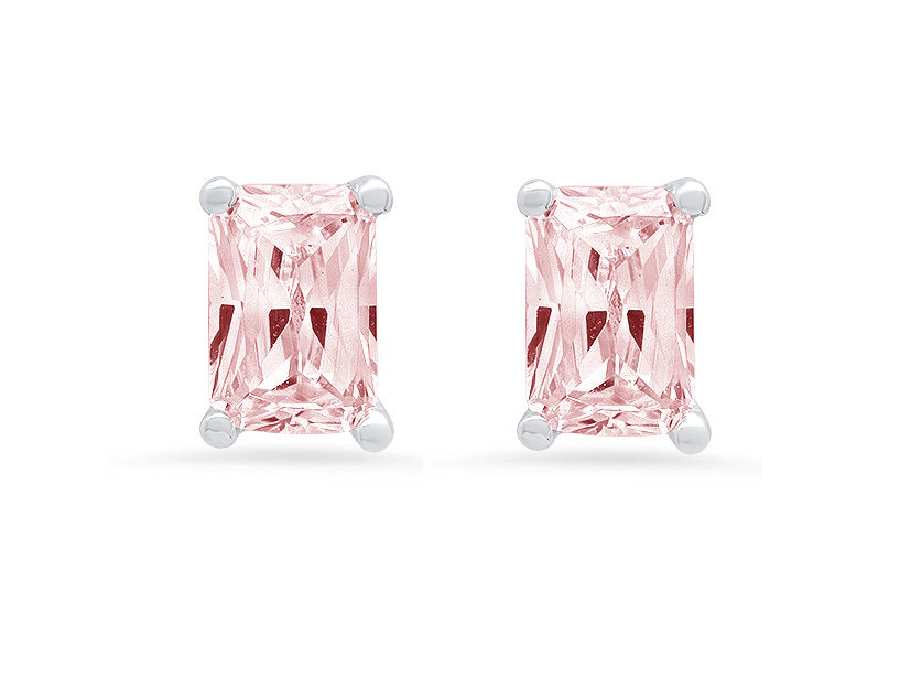 Clara Pucci 2.0 ct Brilliant Emerald Cut Solitaire Studs VVS1 Genuine Conflict free Pink Simulated Diamond Real Stamped Solid 18K White Gold Earrings