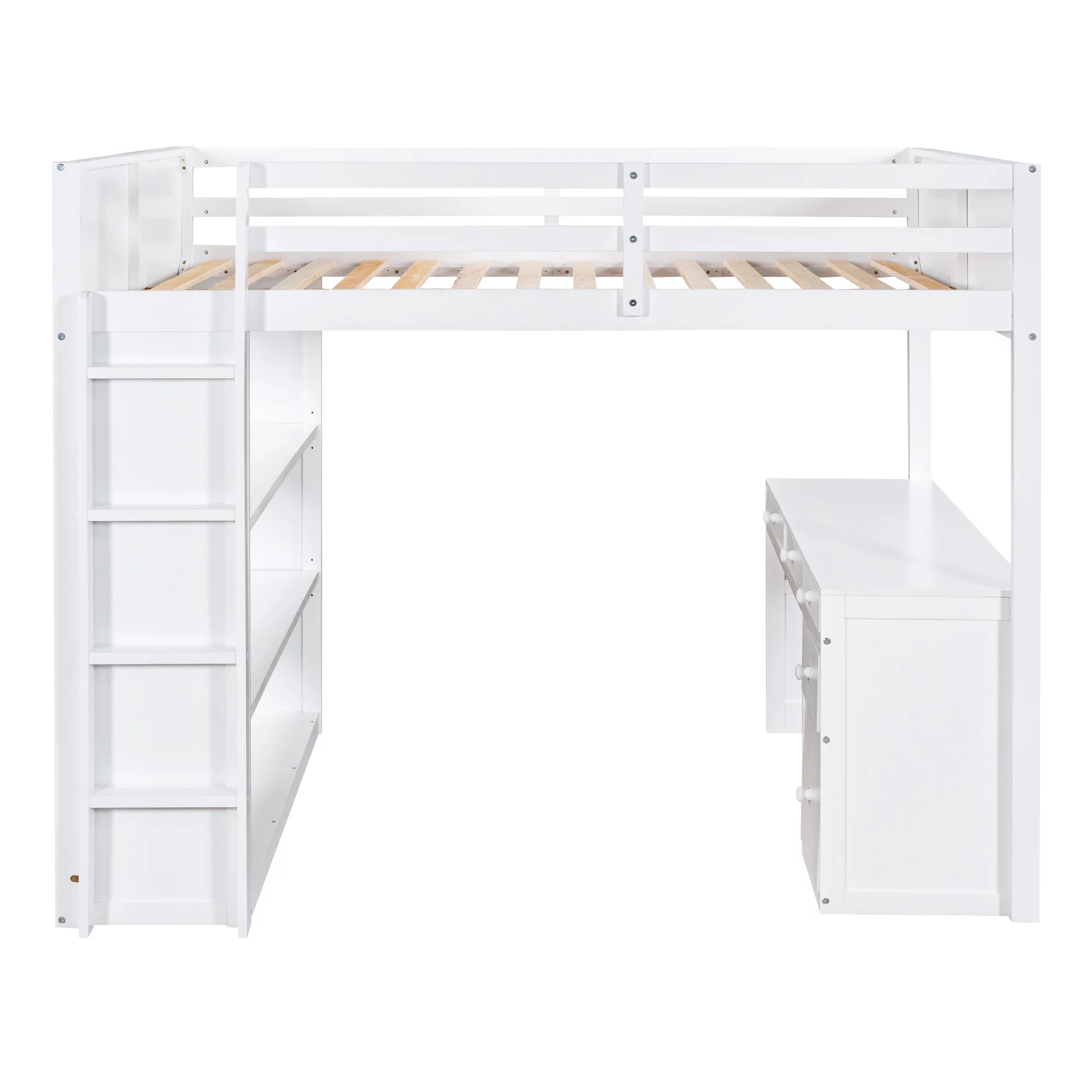 Bellemave Full Size Loft Bed with Desk and Shelves, Wood High Loft Bed Frame with Storage and Ladder, for Kids Teens Adults, White