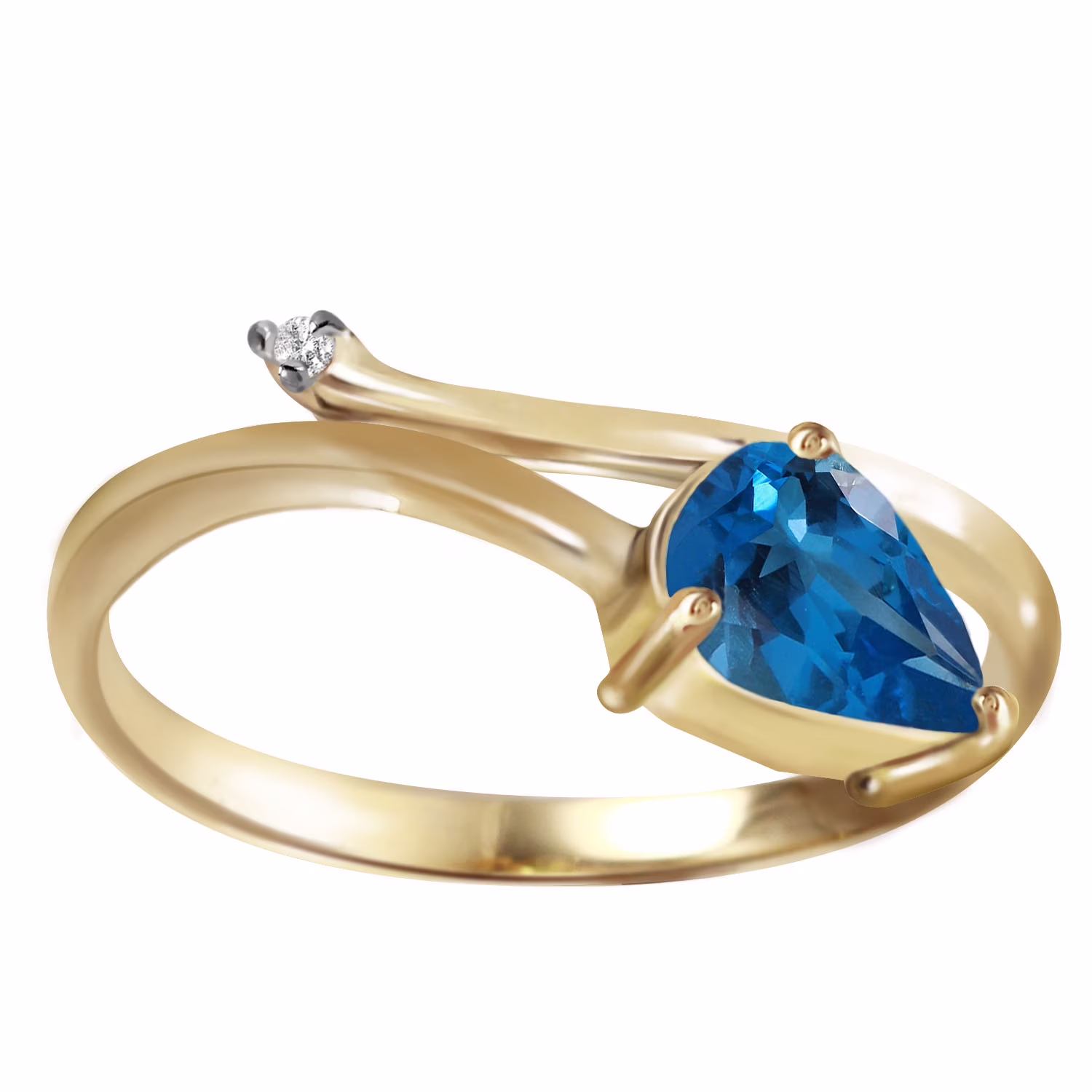 Galaxy Gold 0.83 Carat 14k Solid Gold Ring with Natural Diamond and Pear-shaped Blue Topaz - Size 9